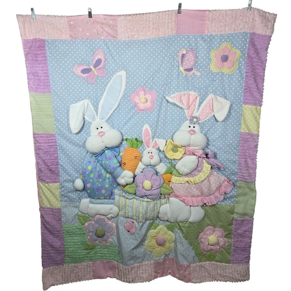 Vintage Quilted Bunny Rabbit Nursery Blanket Puffy 3D Applique Pastel Blue Pink
